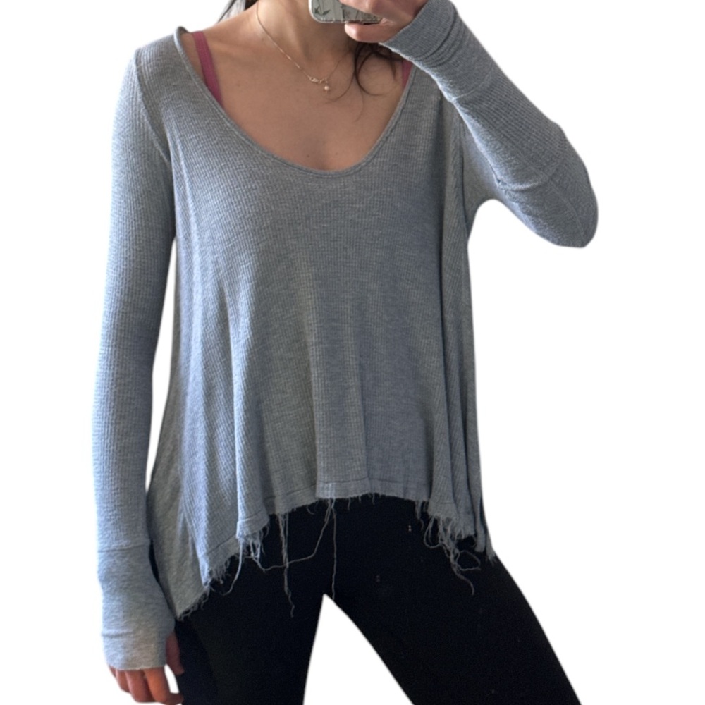 Gray free people long sleeve split hem, tattered edges